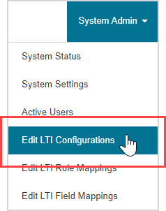 Edit LTI Configurations is the third option in the System Admin menu.